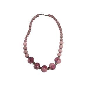 Vintage Porcelain Painted Pink Floral Beads & Brass Necklace